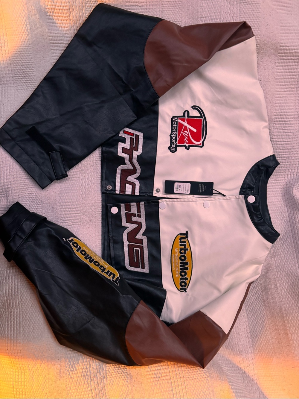Fashion Nova Kids Racing Jacket - White, Black & Brown